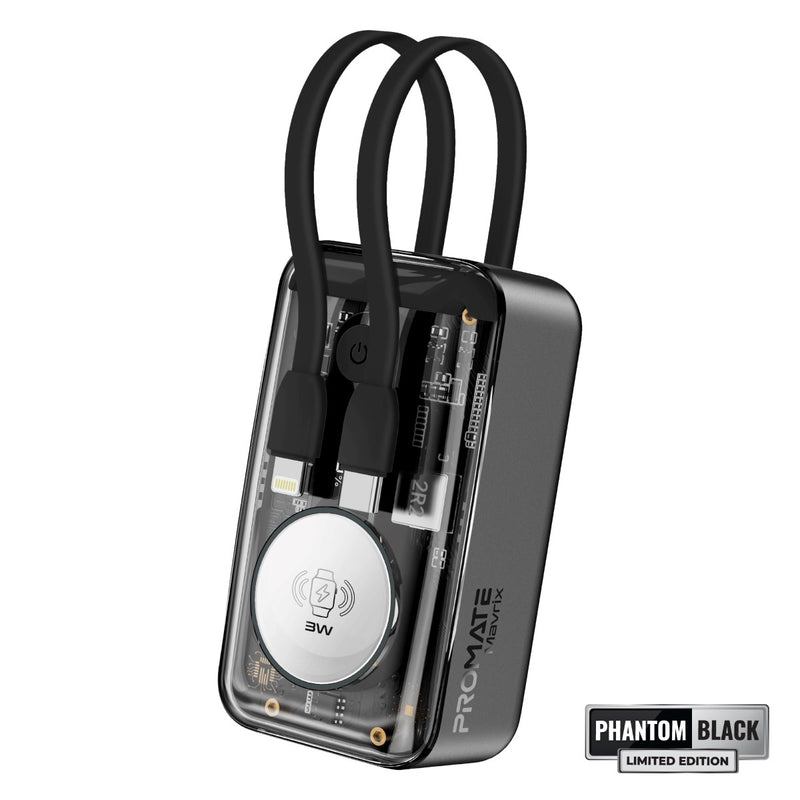 Promate 10000mAh Transparent Smartphone and Apple Watch Charging Power Bank with USB-C & Lightning Cable - Black