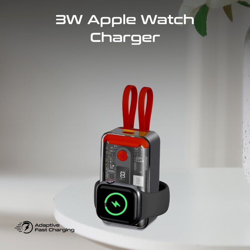 Promate 10000mAh Transparent Smartphone and Apple Watch Charging Power Bank with USB-C & Lightning Cable - Black