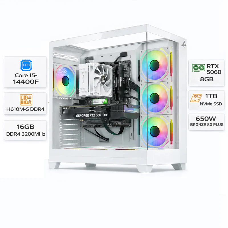 Custom Gaming PC Intel Core i5-14400F, RTX 5060 8GB, 16GB DDR4 ,1TB NVMe, Windows 11 Pro