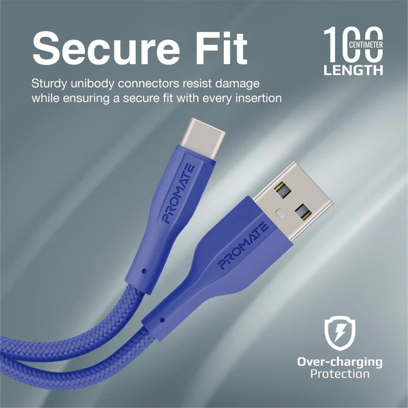 Promate Super-Flexible USB-A to USB-C Cable 2A Standard Charging - BLUE
