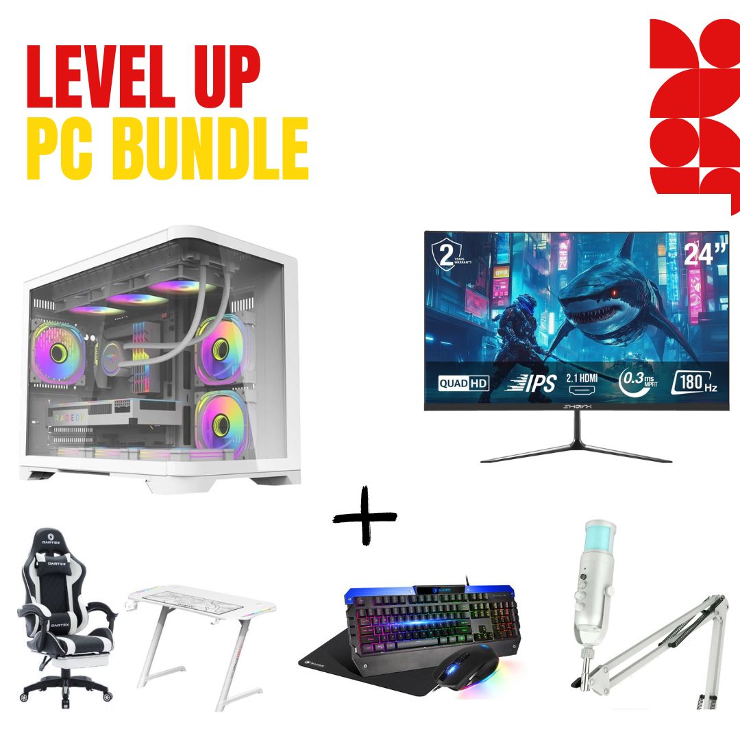 PC Bundle: PC Gaming i5-14400F/RTX 4060/16GB DDR5/1TB with Sharx Jaws /24" QHD/ HDMI 2.1/ 0.3ms/180Hz/IPS/Flat Monitor & Sades SW-MC04 OTUS Microphone Sades Battle Ram Keyboard/Mouse/Mousepad & White RGB table with Oratex chair