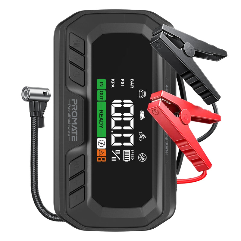 Promate PatrolPack Ultra 3000A/12V High-Capacity Jump Starter 150PSI Air Compressor with 16000mAh Power Bank & Flashlight