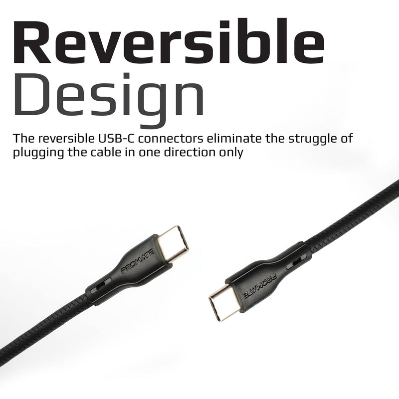 Promate Super-Flexible 60W USB-C to USB-C Cable 2A Standard Charging - BLACK