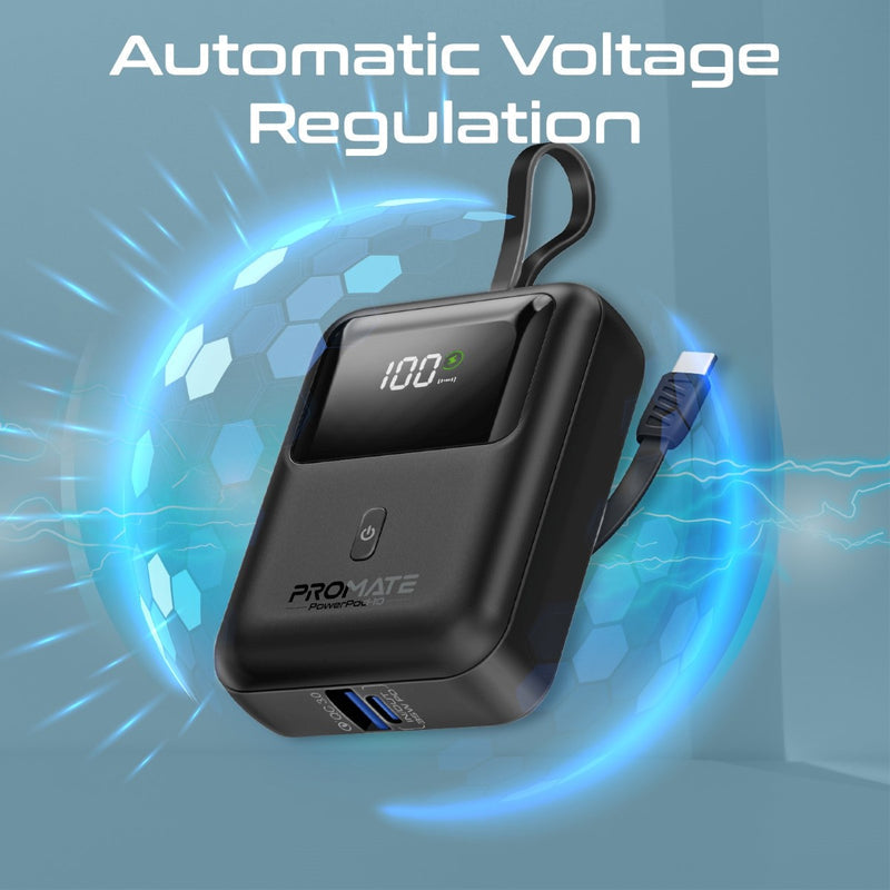 Promate 10000mAh Ultra Compact 35W SuperSpeed Power Bank with Built-In USB-C Cable