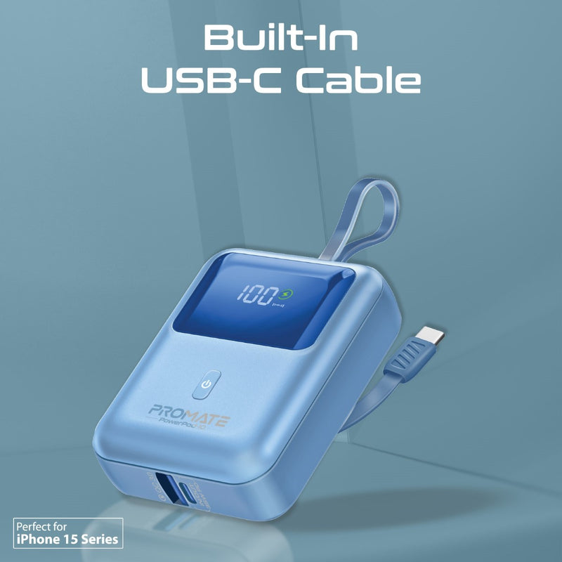 Promate 10000mAh Ultra Compact 35W SuperSpeed Power Bank with Built-In USB-C Cable