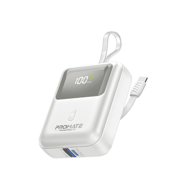 باور بانك بروميت سعة 10000 مللي أمبير فائق الصغر بقدرة شحن سريع 35 واط مع كابل USB-C مدمج باللون الأبيض