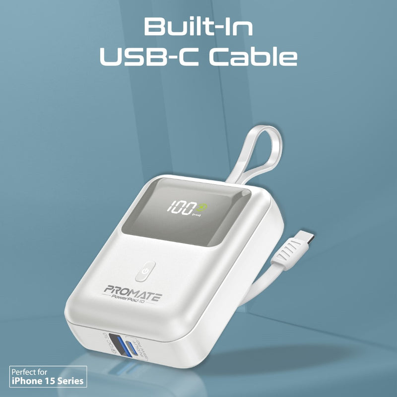 باور بانك بروميت سعة 10000 مللي أمبير فائق الصغر بقدرة شحن سريع 35 واط مع كابل USB-C مدمج باللون الأبيض
