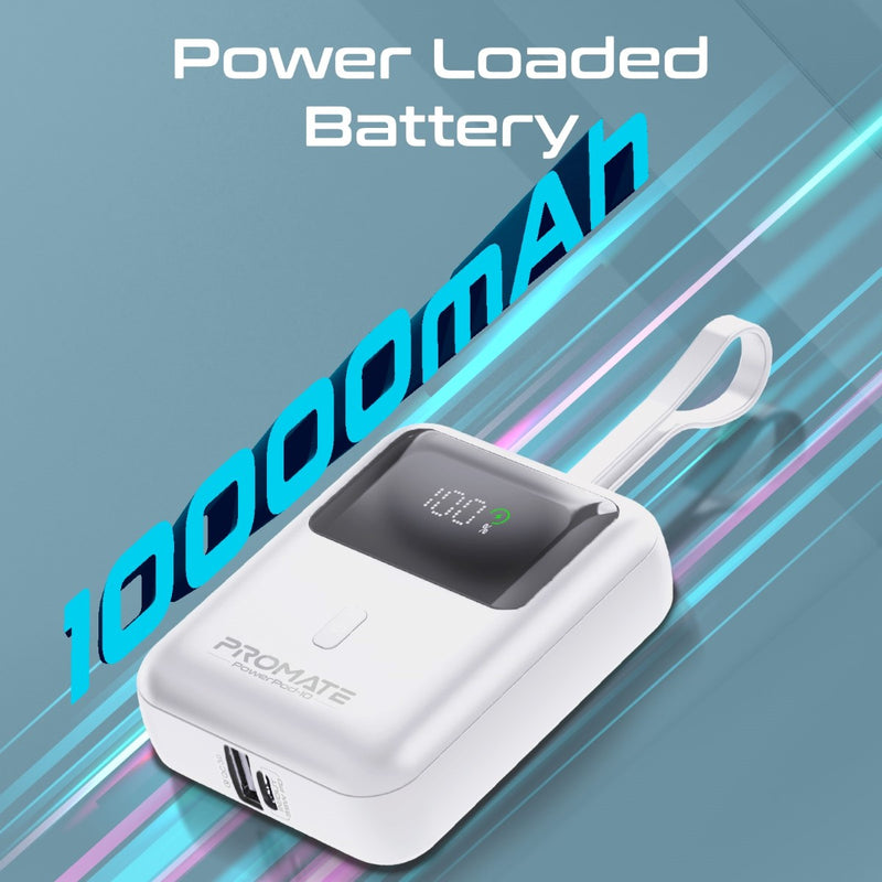 باور بانك بروميت سعة 10000 مللي أمبير فائق الصغر بقدرة شحن سريع 35 واط مع كابل USB-C مدمج باللون الأبيض