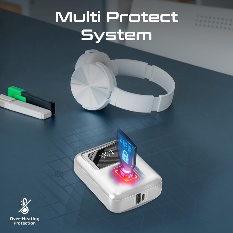 باور بانك بروميت سعة 10000 مللي أمبير فائق الصغر بقدرة شحن سريع 35 واط مع كابل USB-C مدمج باللون الأبيض