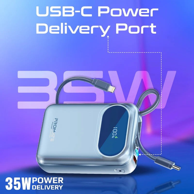 بنك طاقة بروميت فائق الصغر بسعة 20000 مللي أمبير، بقوة 35 واط، مزود بكابل USB-C وكابل لايتينج مدمجين - أزرق