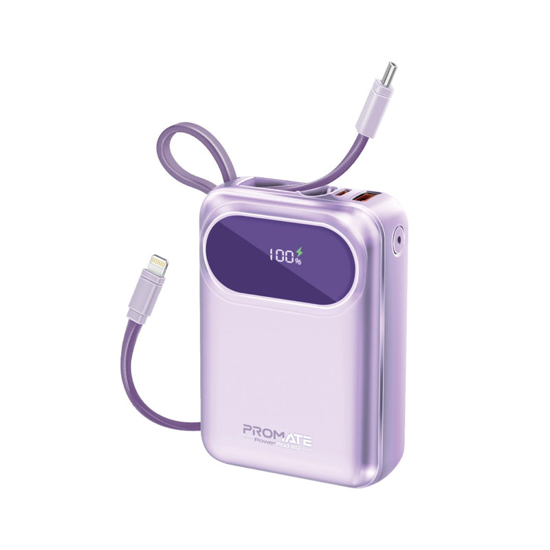 Promate 20000mAh Ultra Compact 35W SuperSpeed Power Bank with Built-In USB-C & Lightning Cable - Purple