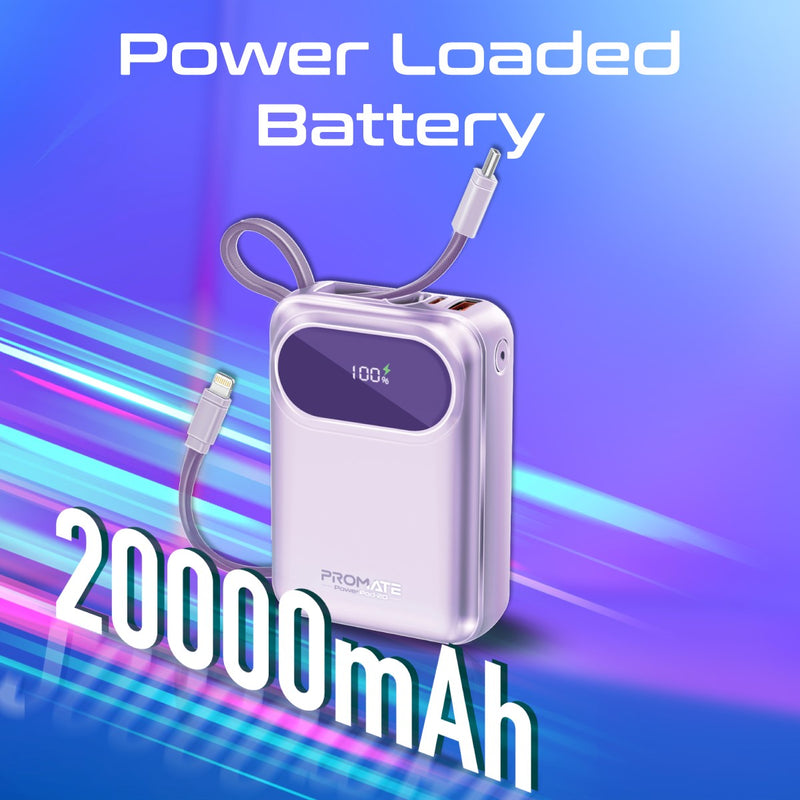 Promate 20000mAh Ultra Compact 35W SuperSpeed Power Bank with Built-In USB-C & Lightning Cable - Purple
