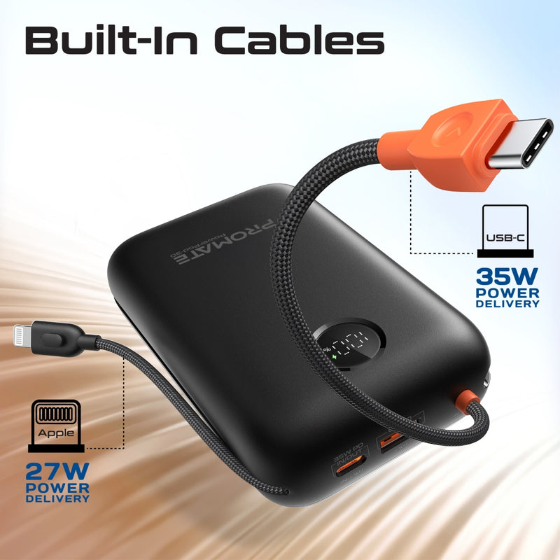 Promate 30000mAh Ultra Compact 35W SuperSpeed Power Bank with Built-In USB-C & Lightning Cable - Black