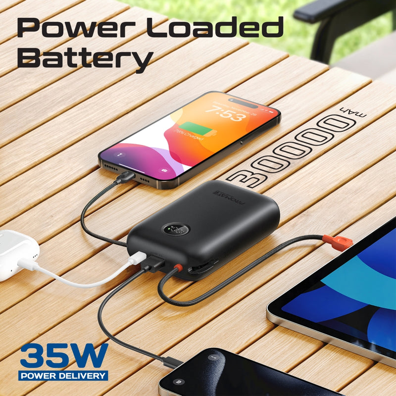 Promate 30000mAh Ultra Compact 35W SuperSpeed Power Bank with Built-In USB-C & Lightning Cable - Black