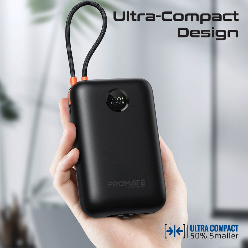 Promate 30000mAh Ultra Compact 35W SuperSpeed Power Bank with Built-In USB-C & Lightning Cable - Black