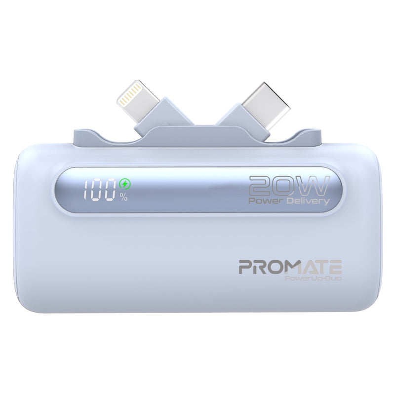 Promate 5000mAh Ultra-Compact fast charging Power Bank with Dual Folding USB-C & Lightning Connector - Blue