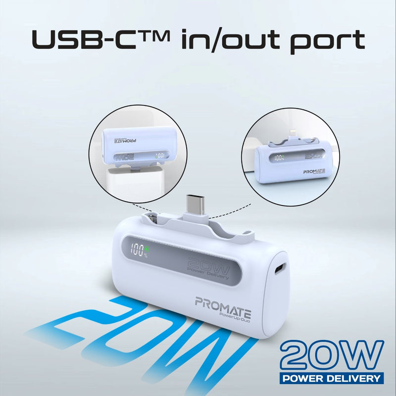 Promate 5000mAh Ultra-Compact fast charging Power Bank with Dual Folding USB-C & Lightning Connector - Blue