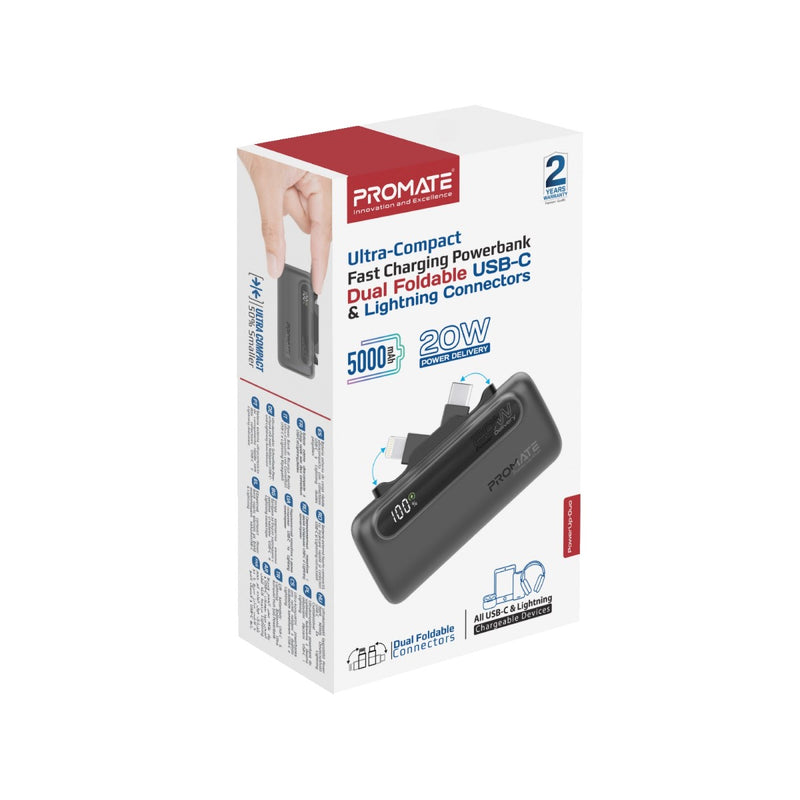 Promate 5000mAh Ultra-Compact fast charging Power Bank with Dual Folding USB-C & Lightning Connector - Black