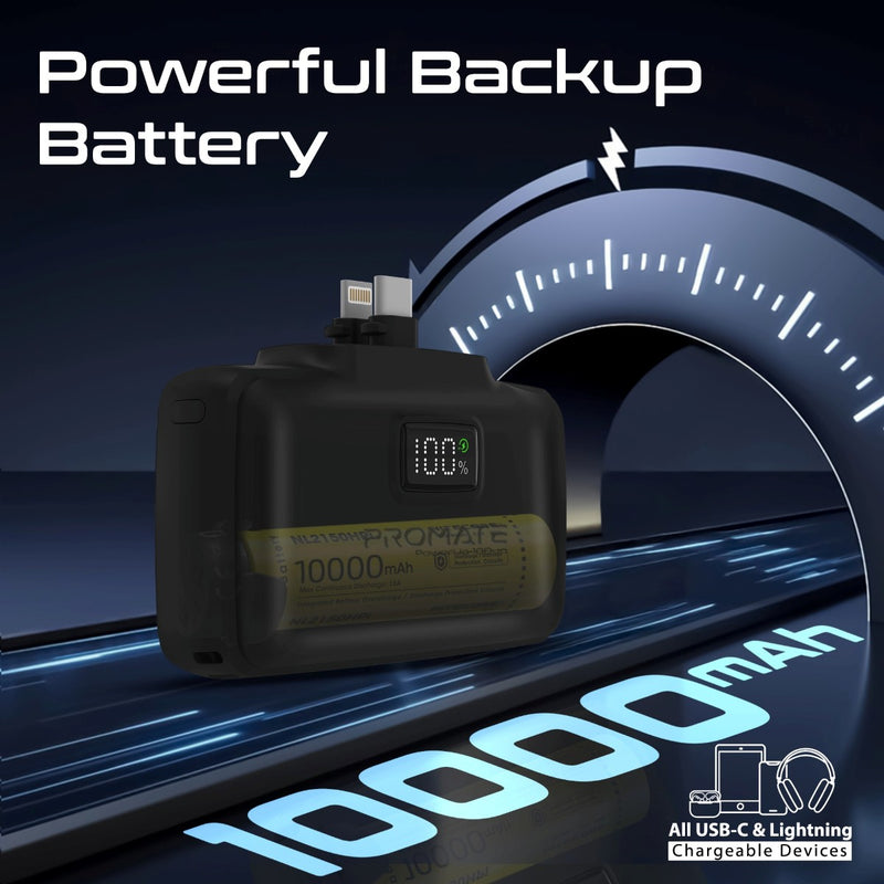 Promate 10000mAh Ultra-Compact fast charging Power Bank with Dual Folding USB-C & Lightning Connector - Black