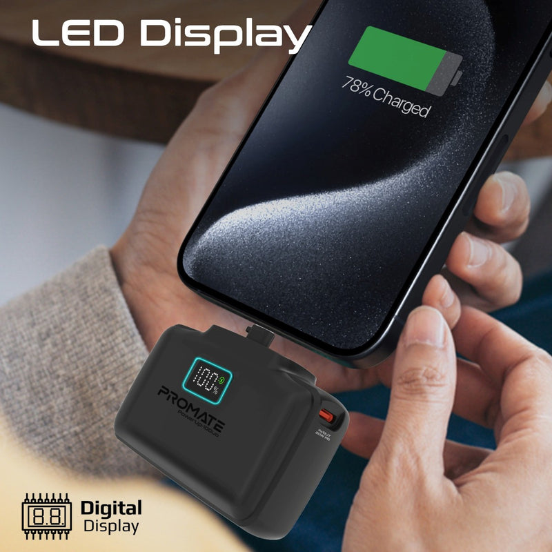 Promate 10000mAh Ultra-Compact fast charging Power Bank with Dual Folding USB-C & Lightning Connector - Black