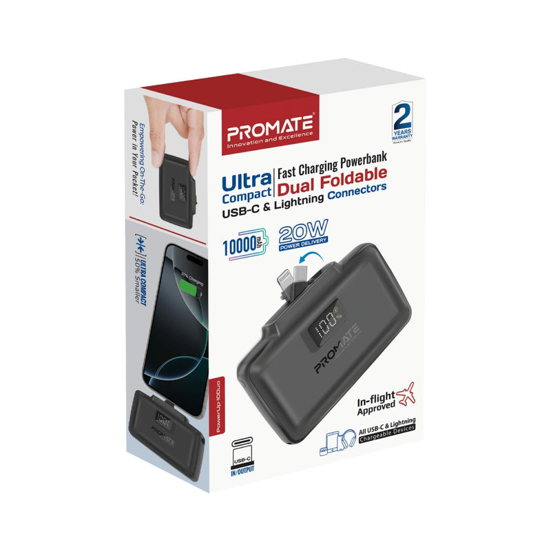 Promate 10000mAh Ultra-Compact fast charging Power Bank with Dual Folding USB-C & Lightning Connector - Black