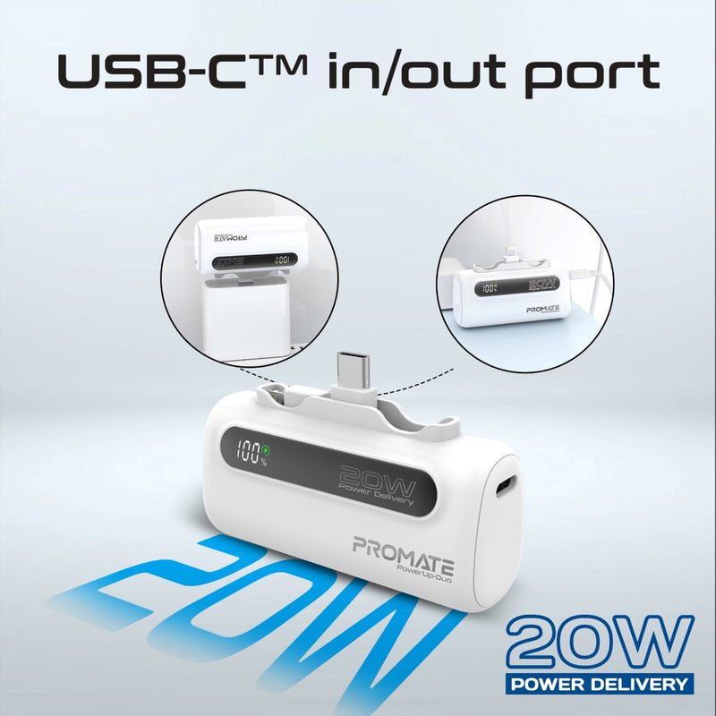 Promate 5000mAh Ultra-Compact fast charging Power Bank with Dual Folding USB-C & Lightning Connector - White