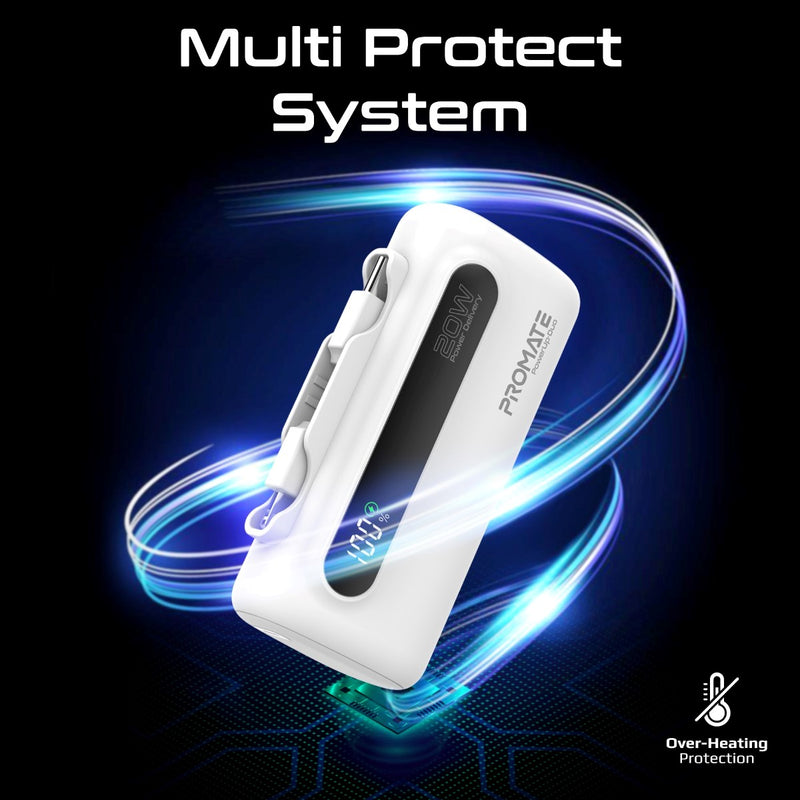 Promate 5000mAh Ultra-Compact fast charging Power Bank with Dual Folding USB-C & Lightning Connector - White