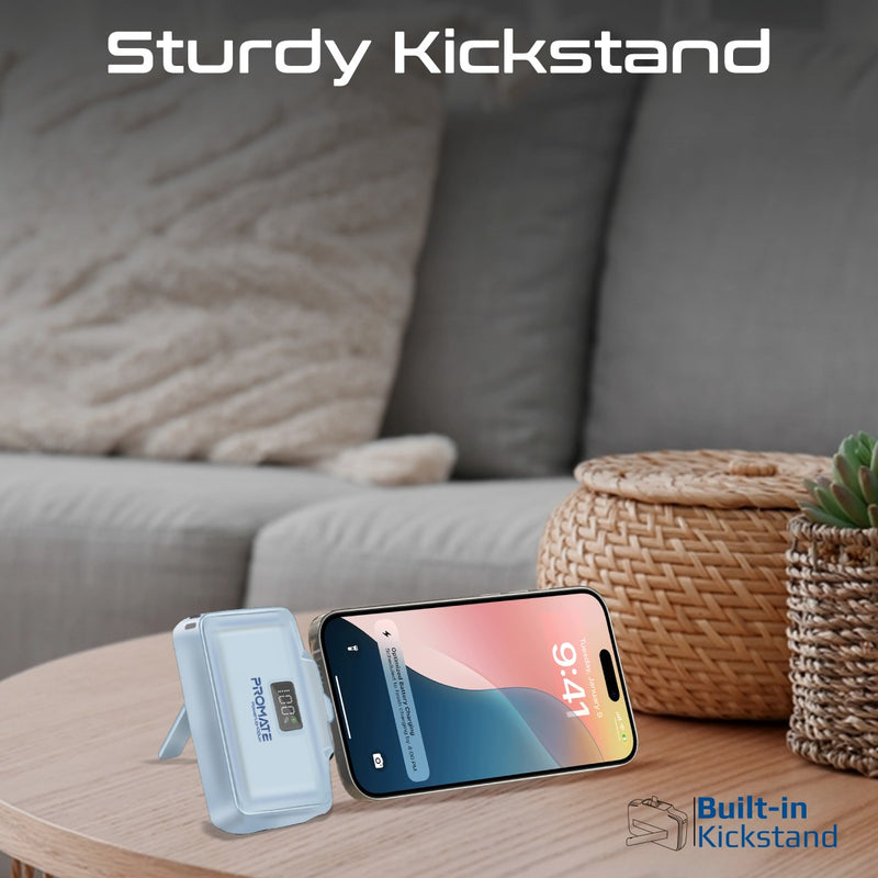 Promate 10000mAh Ultra-Compact fast charging Power Bank with Dual Folding USB-C & Lightning Connector - Blue