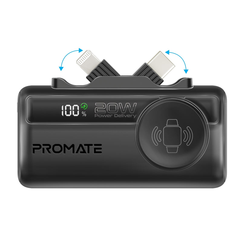 Promate 5000mAh Ultra-Compact fast charging Power Bank with Dual Folding USB-C & Lightning Connector & Apple Watch Charge