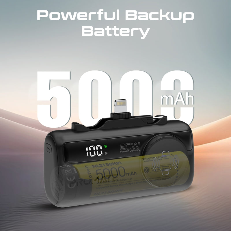 Promate 5000mAh Ultra-Compact fast charging Power Bank with Dual Folding USB-C & Lightning Connector & Apple Watch Charge