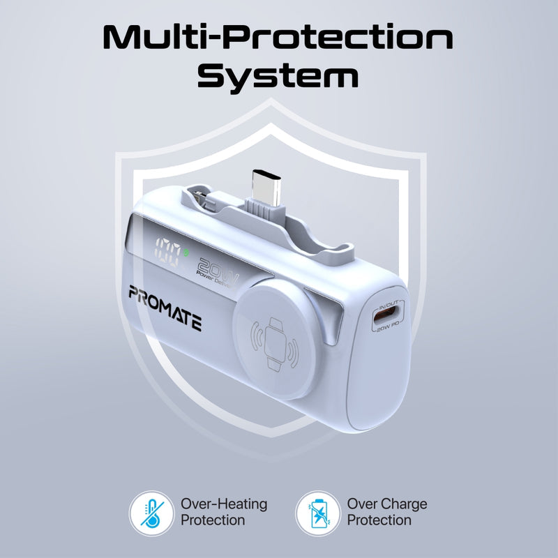 Promate 5000mAh Ultra-Compact fast charging Power Bank with Dual Folding USB-C & Lightning Connector & Apple Watch Charge