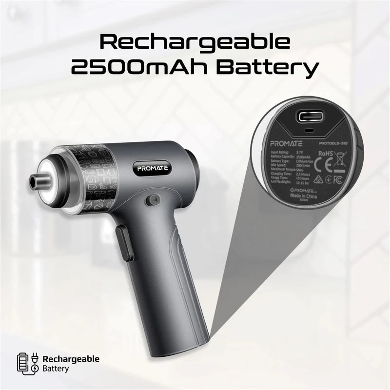 PROMATE 36 Pieces Wireless Electric Screwdriver Kit with LED Fill Light, Grey