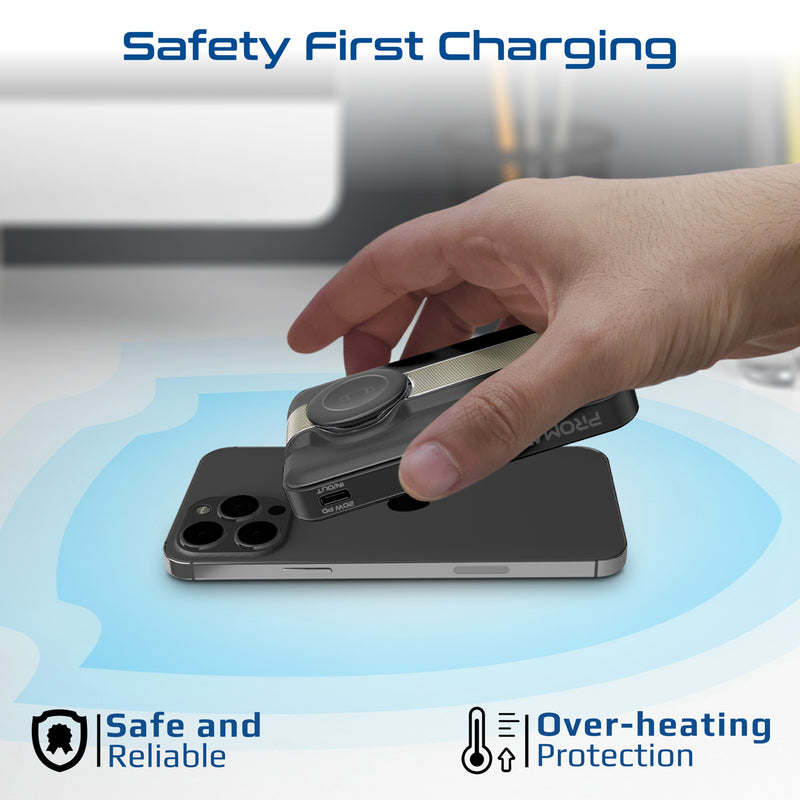 Promate 10000mAh Ultra-Compact 3 in 1 MagSafe Compatible Wireless Charging Power Bank 15W MagSafe Compatible Charger - Black