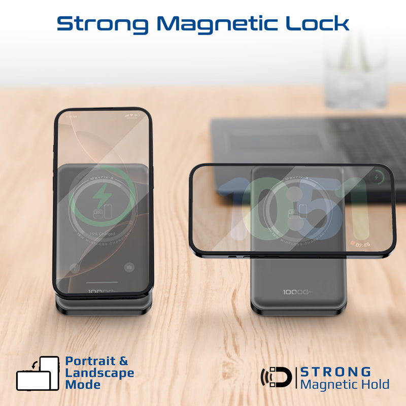 Promate 10000mAh Ultra-Compact 3 in 1 MagSafe Compatible Wireless Charging Power Bank 15W MagSafe Compatible Charger - Black