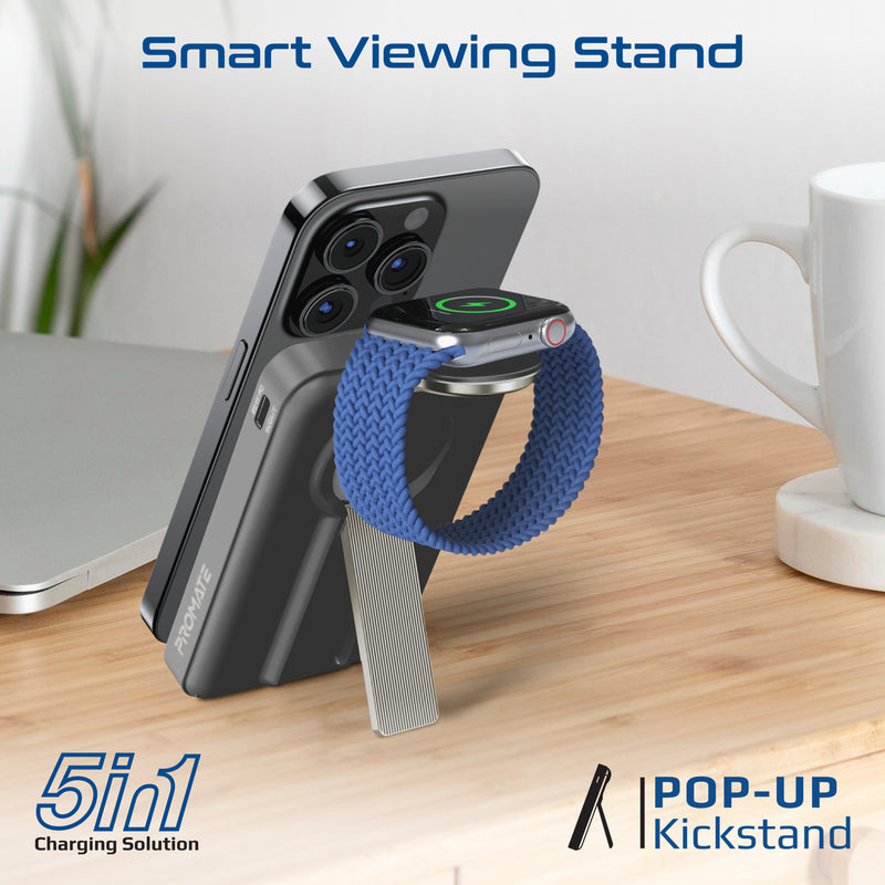 Promate 10000mAh Ultra-Compact 3 in 1 MagSafe Compatible Wireless Charging Power Bank 15W MagSafe Compatible Charger - Black