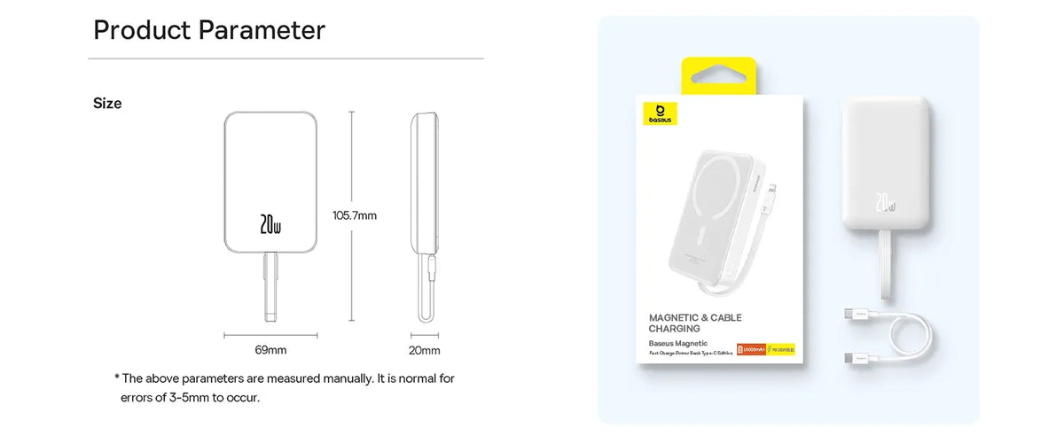بنك طاقة لاسلكي مغناطيسي Baseus EnerFill FM11 بقوة 15 واط مع كابل USB-C مدمج، سعة 10000 مللي أمبير، قدرة 30 واط - أسود كوني
