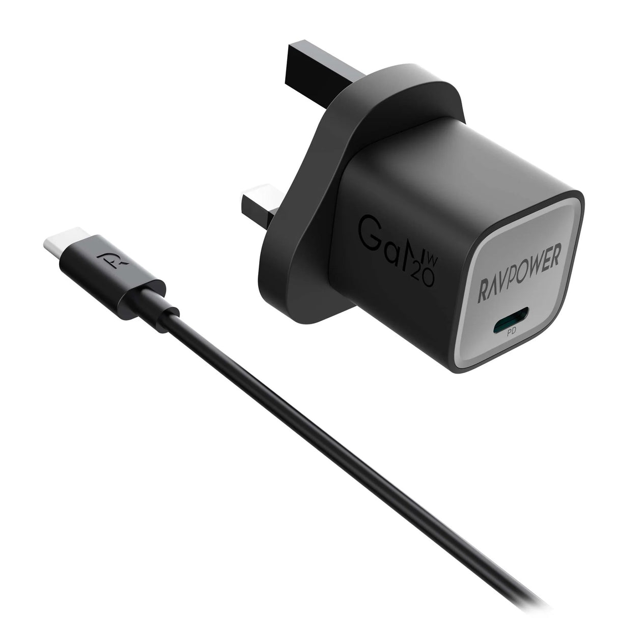راف باور RP-PC1057 شاحن حائط GaN بقوة 20 واط + كابل USB-C إلى USB-C أسود