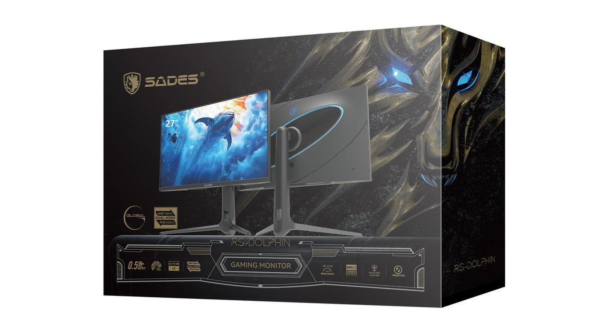 Sades RS-Dolphin SA-F01U27, 27" Dual mode: UHD (4K) 3840x2160 160Hz / FHD 320Hz, IPS Flat Gaming Monitor - Black