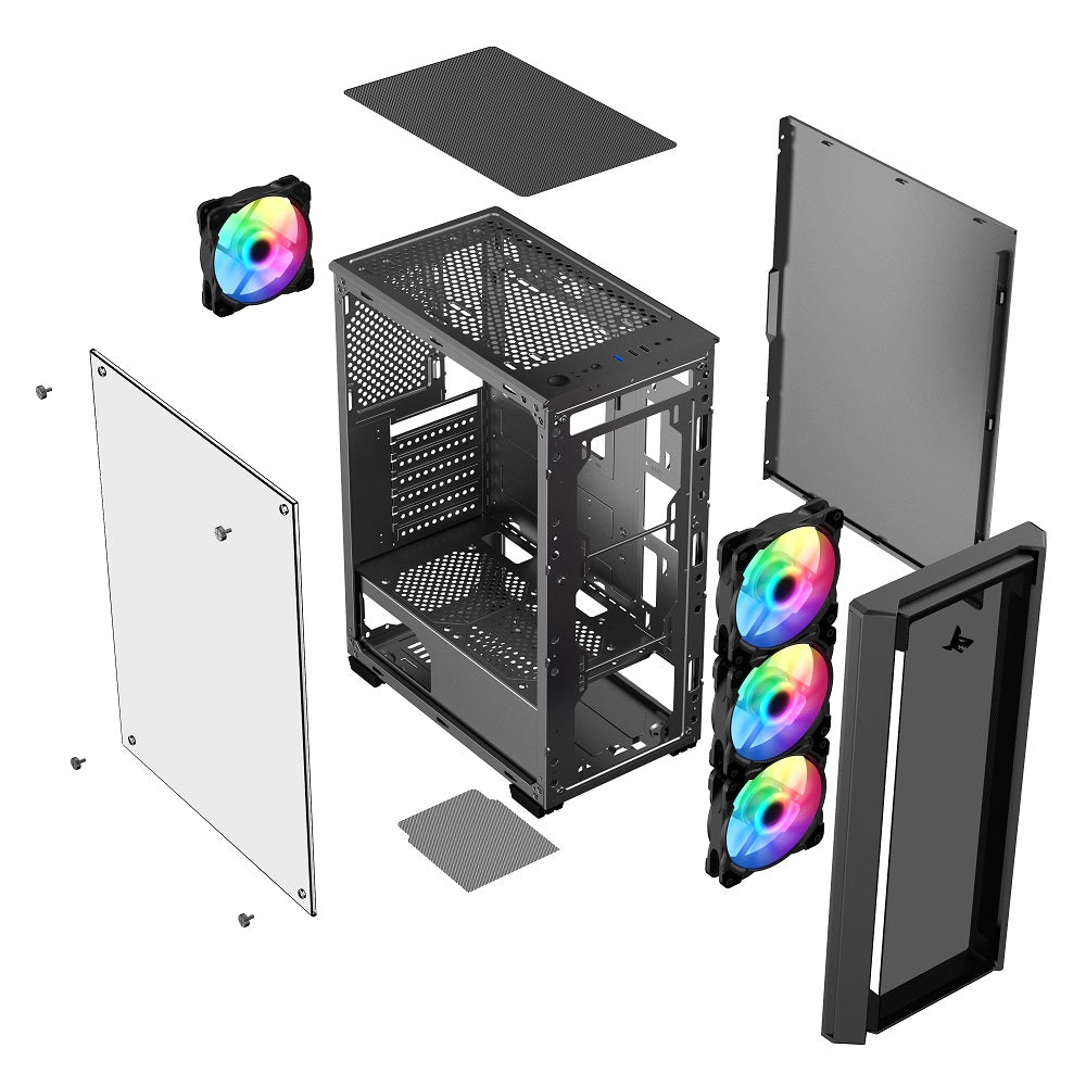 SHARX STRIKER ARGB - ATX PC Case With Front Mesh Panel, 4 x 120mm Pre-Installed Fans Model S-200, Black
