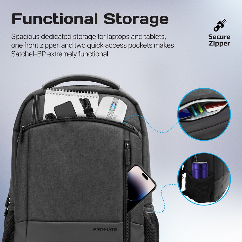Promate - Satchel-BP SleekComfort™ 15.6" Laptop Backpack With Multiple Pockets, Black