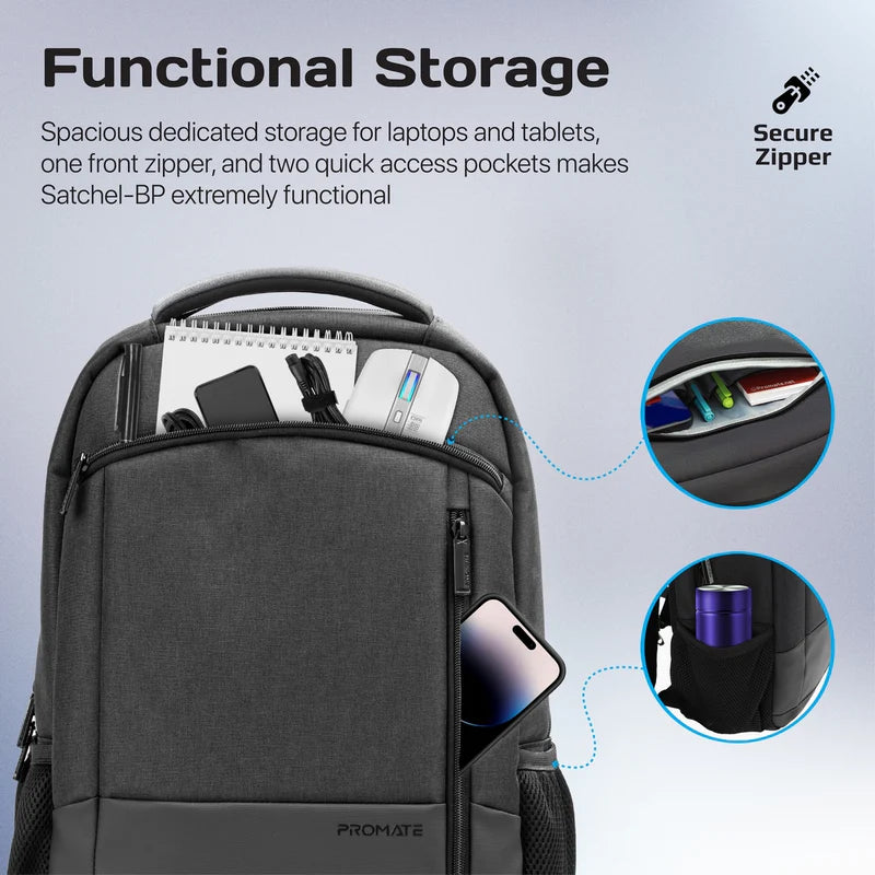 Promate - Satchel-BP SleekComfort™ 15.6" Laptop Backpack With Multiple Pockets - Black & Blue