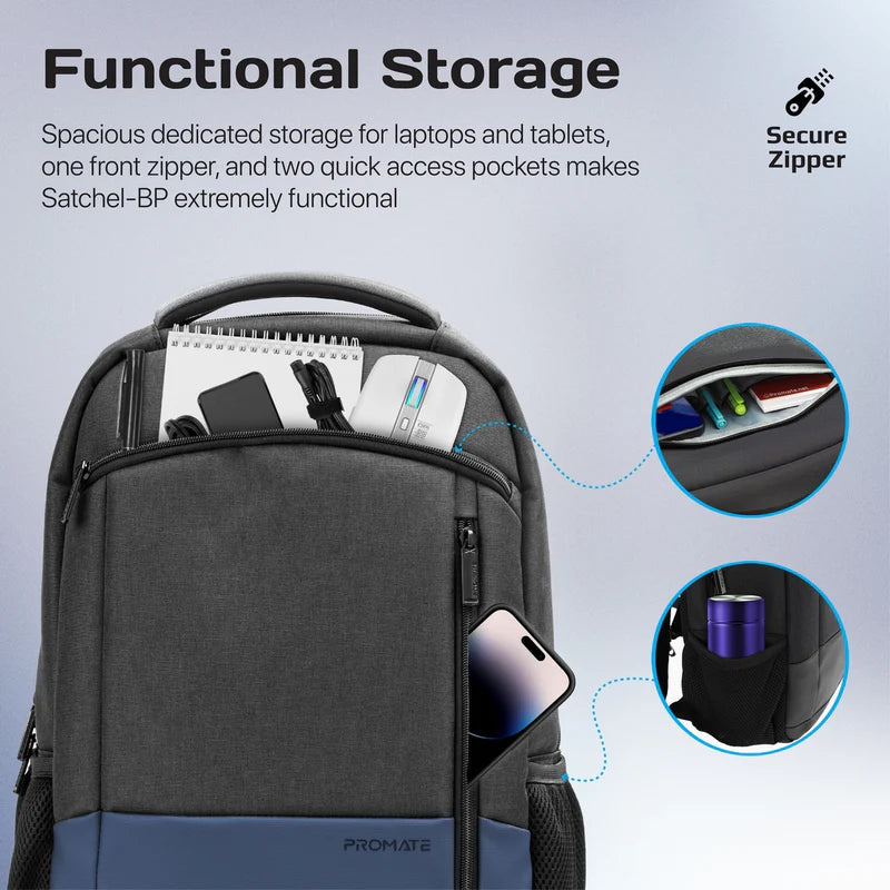 Promate - Satchel-BP SleekComfort™ 15.6" Laptop Backpack With Multiple Pockets - Black & Blue