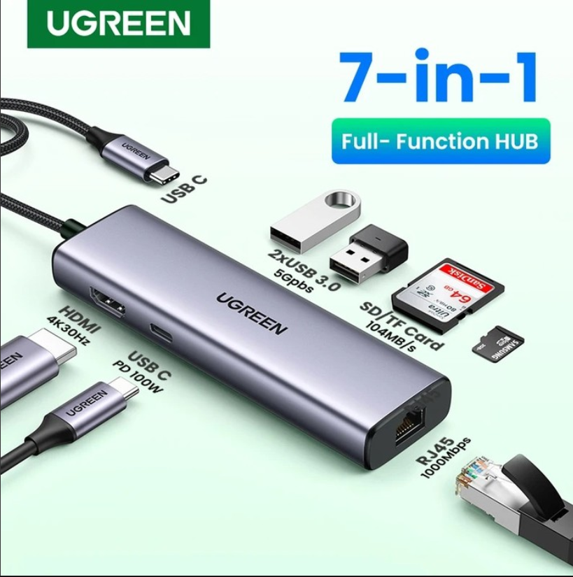 Adapter Hub UGREEN, USB-C to 2x USB 3.0, HDMI 4K30Hz, RJ45, SD/TF (CM512 90568)