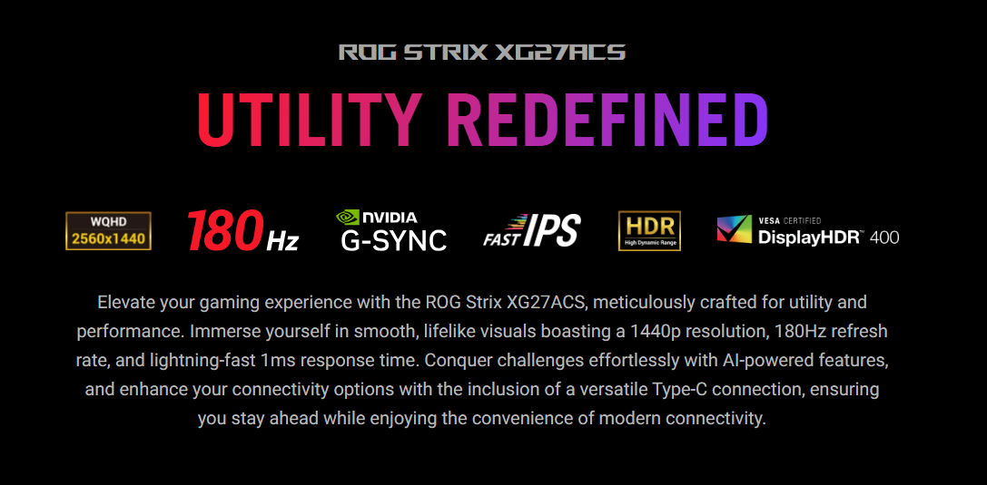 ASUS ROG Strix XG27ACS 27″ QHD,1ms,180Hz,IPS, Flat Gaming Monitor - Black