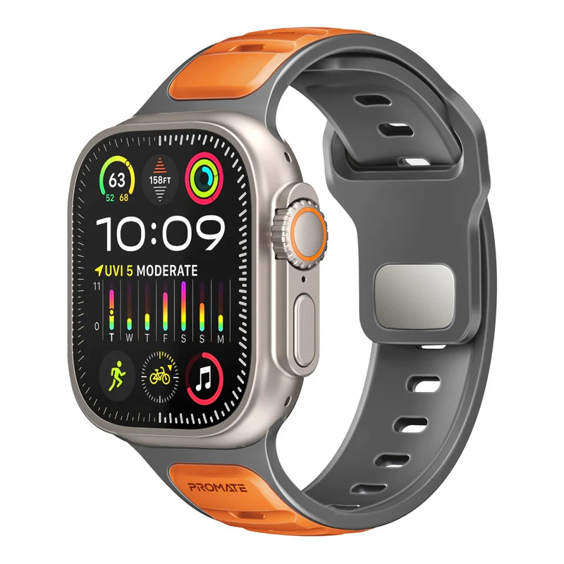 Promate Durable Two-Toned Silicone Sporty Watch Band • For Apple Watch Series 1~9, SE & Ultra 1~2 • Made from Premium Silicone materials - Orange