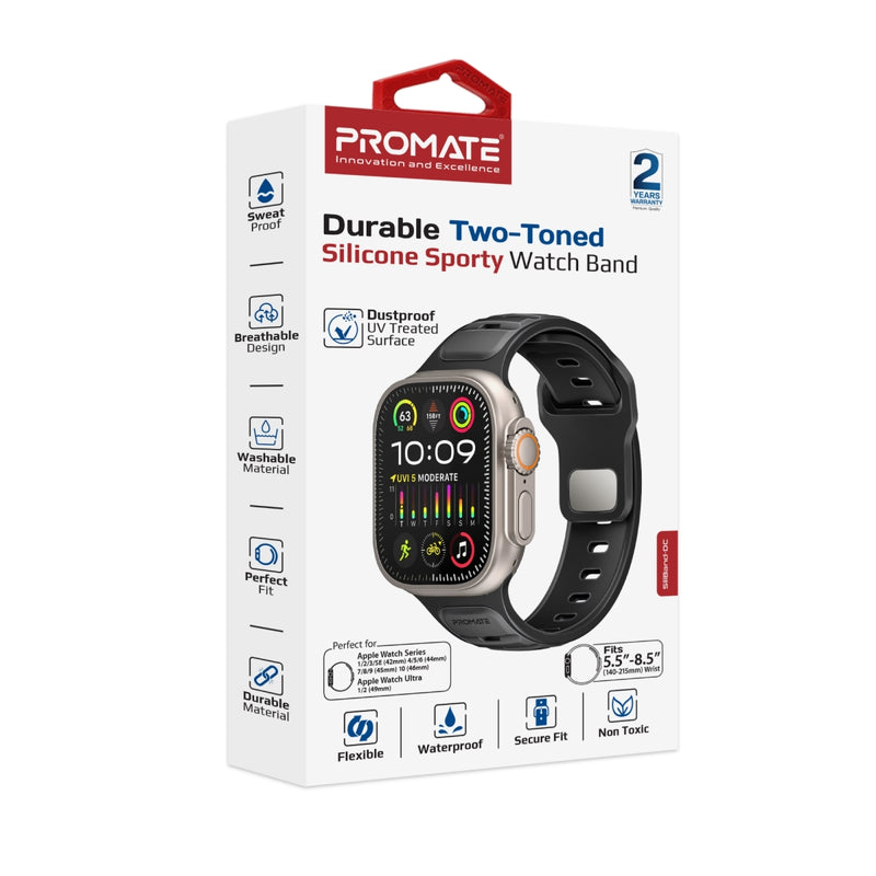 Promate Durable Two-Toned Silicone Sporty Watch Band For Apple Watch Series 1~9, SE & Ultra 1~2 Made from Premium Silicone materials - Black