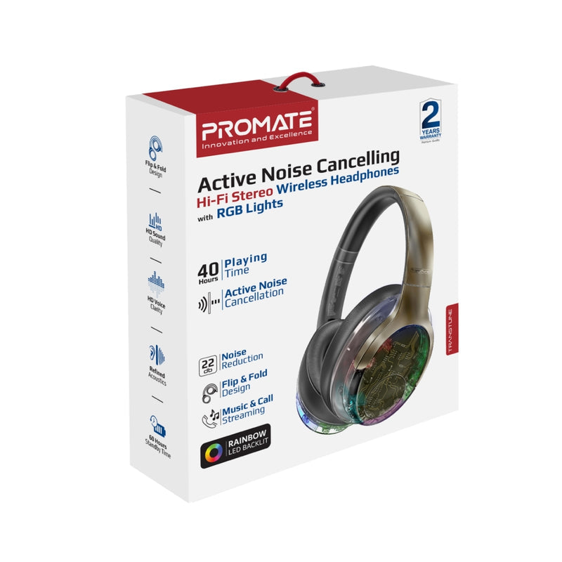 Promate ANC Hi-Fi Stereo Wireless Headphones with RGB Lights - Gunmetal