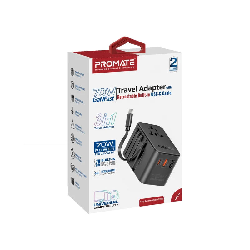 Promate 70W GaN Travel Adapter with Retractable Built-in USB-C Cable - Black