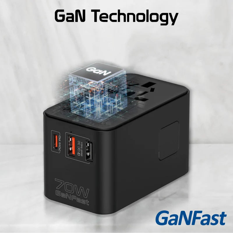 Promate 70W GaN Travel Adapter with Retractable Built-in USB-C Cable - Black