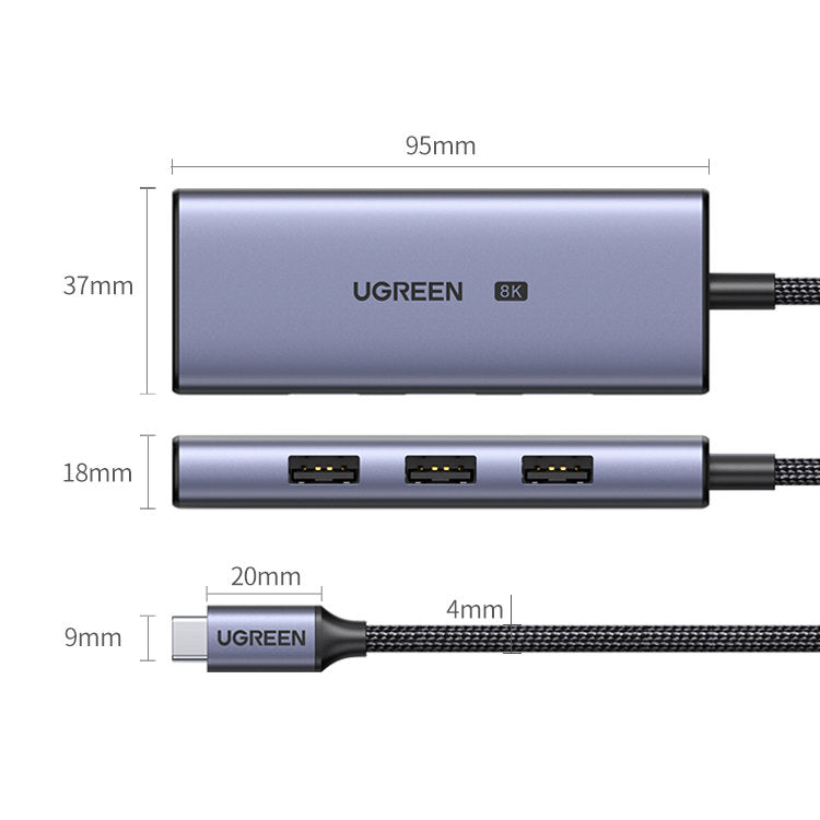 UGREEN 4-in-1 Adapter USB-C to 3x USB 3.0 + HDMI2.1 8K@30Hz (Grey) - CM500 - 50629